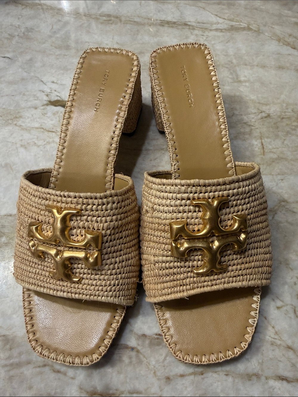 Tory Burch Tan Raffia Slide Mules with Gold Logo - Picture 2 of 5